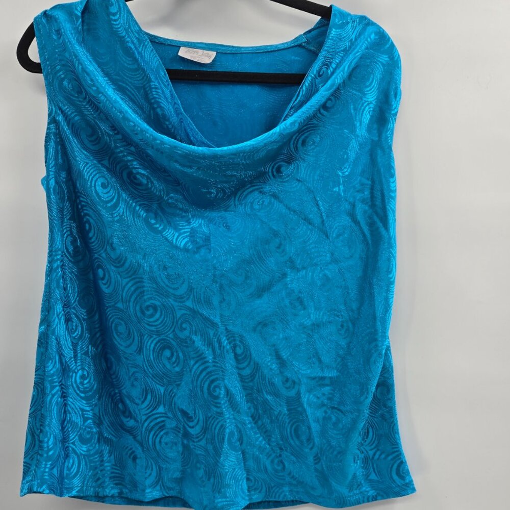 Vintage 80s 90s TanJay Electric Blue Embossed Swirls Sleeveless Cowl Top